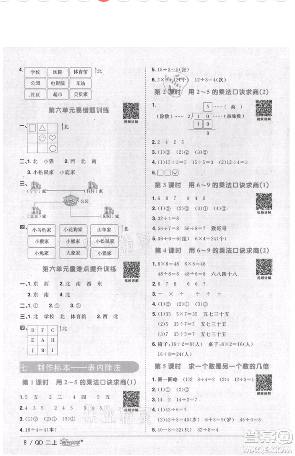 江西教育出版社2021陽光同學(xué)課時(shí)優(yōu)化作業(yè)二年級(jí)上冊數(shù)學(xué)青島版參考答案