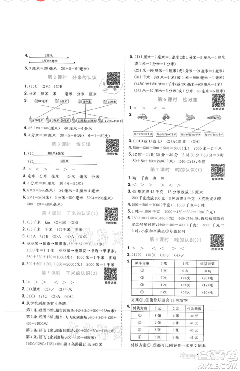 江西教育出版社2021陽(yáng)光同學(xué)課時(shí)優(yōu)化作業(yè)三年級(jí)上冊(cè)數(shù)學(xué)人教版菏澤專版參考答案