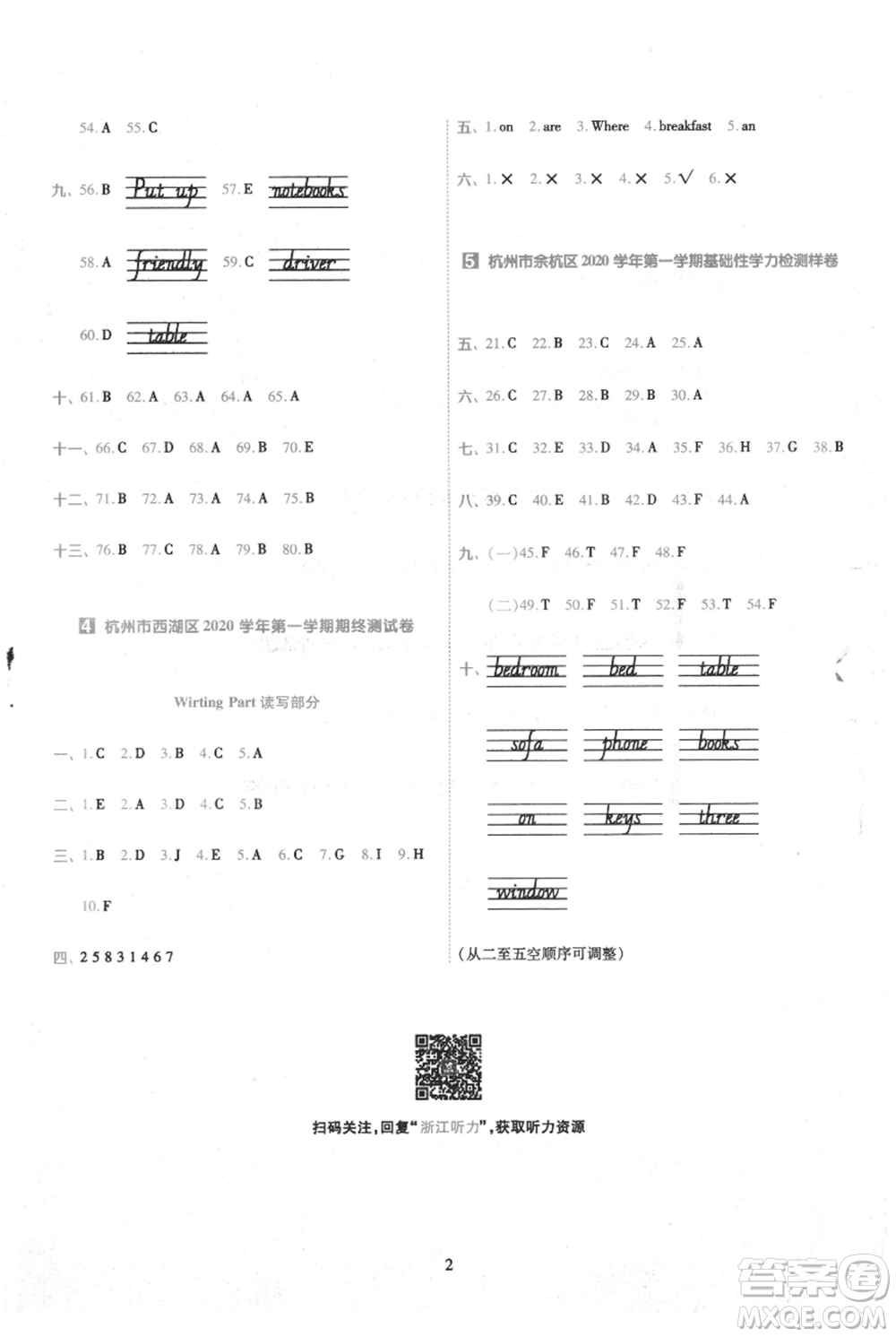 南京師范大學(xué)出版社2021一遍過四年級(jí)上冊(cè)英語人教版浙江專用參考答案