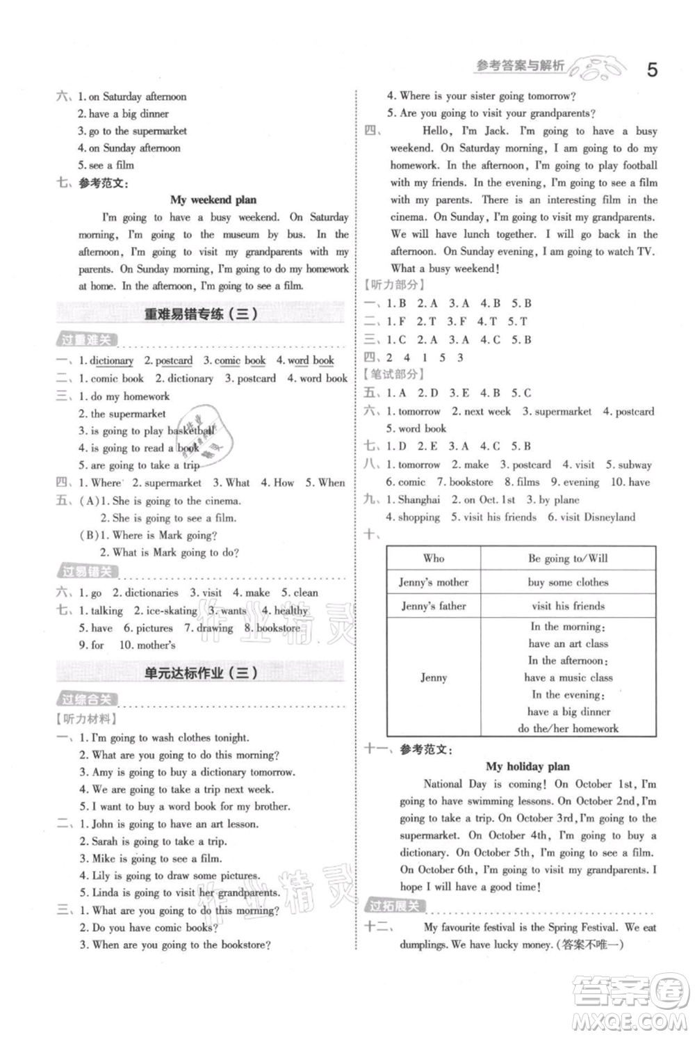 南京師范大學(xué)出版社2021一遍過六年級上冊英語人教版參考答案