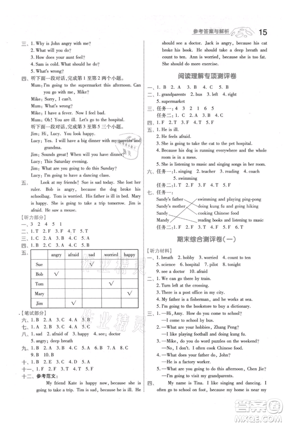 南京師范大學(xué)出版社2021一遍過六年級上冊英語人教版參考答案