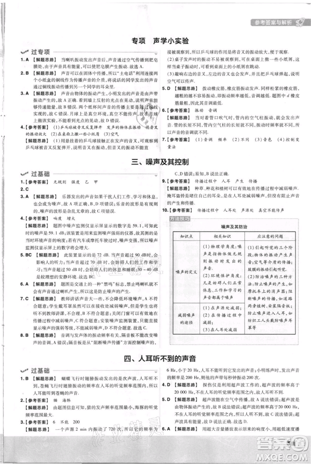 南京師范大學出版社2021一遍過八年級上冊物理蘇科版參考答案