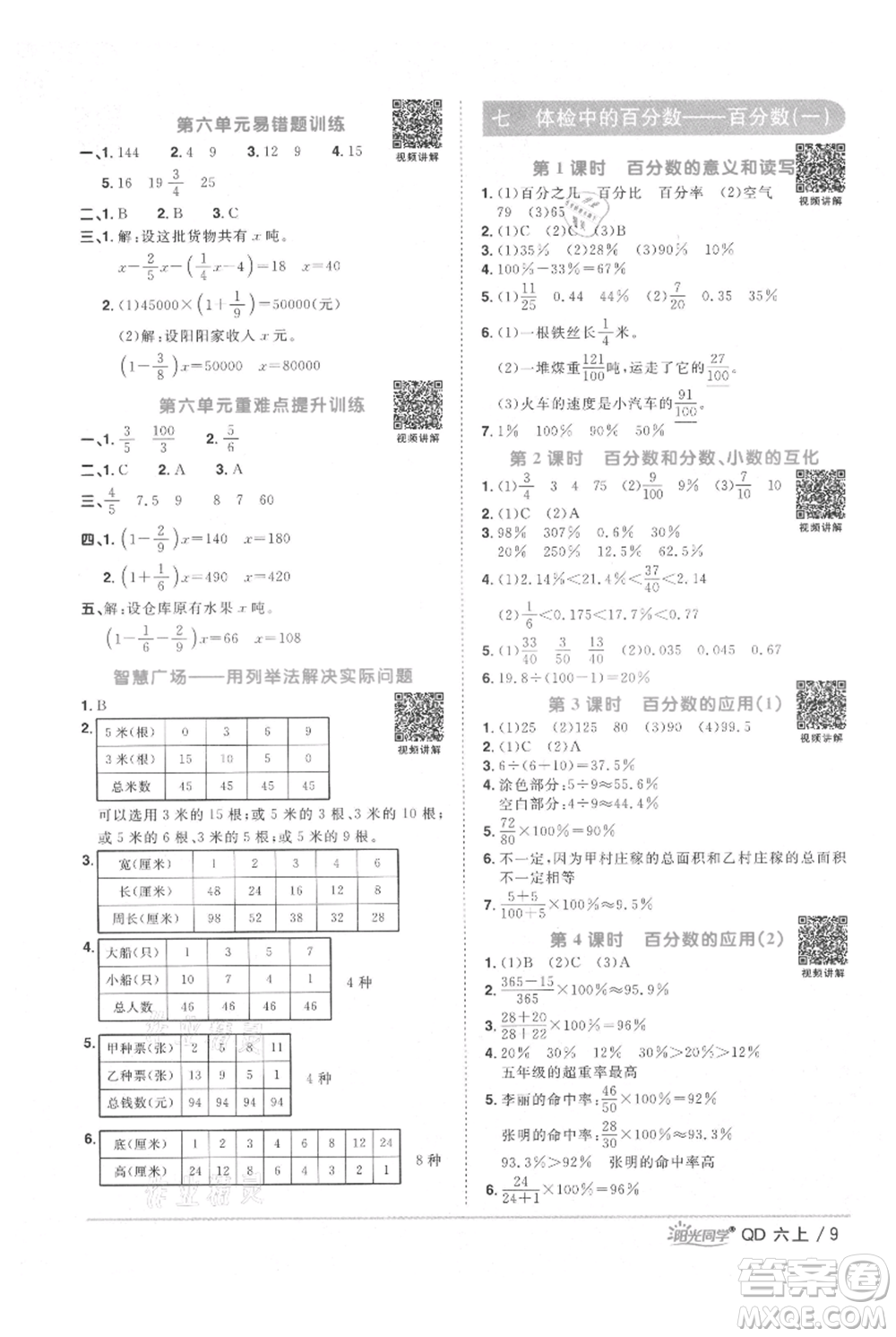 江西教育出版社2021陽光同學(xué)課時(shí)優(yōu)化作業(yè)六年級(jí)上冊(cè)數(shù)學(xué)青島版參考答案