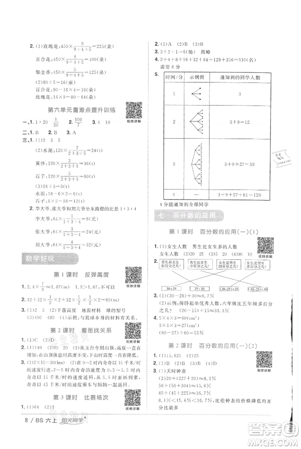 江西教育出版社2021陽光同學課時優(yōu)化作業(yè)六年級上冊數(shù)學北師大版參考答案