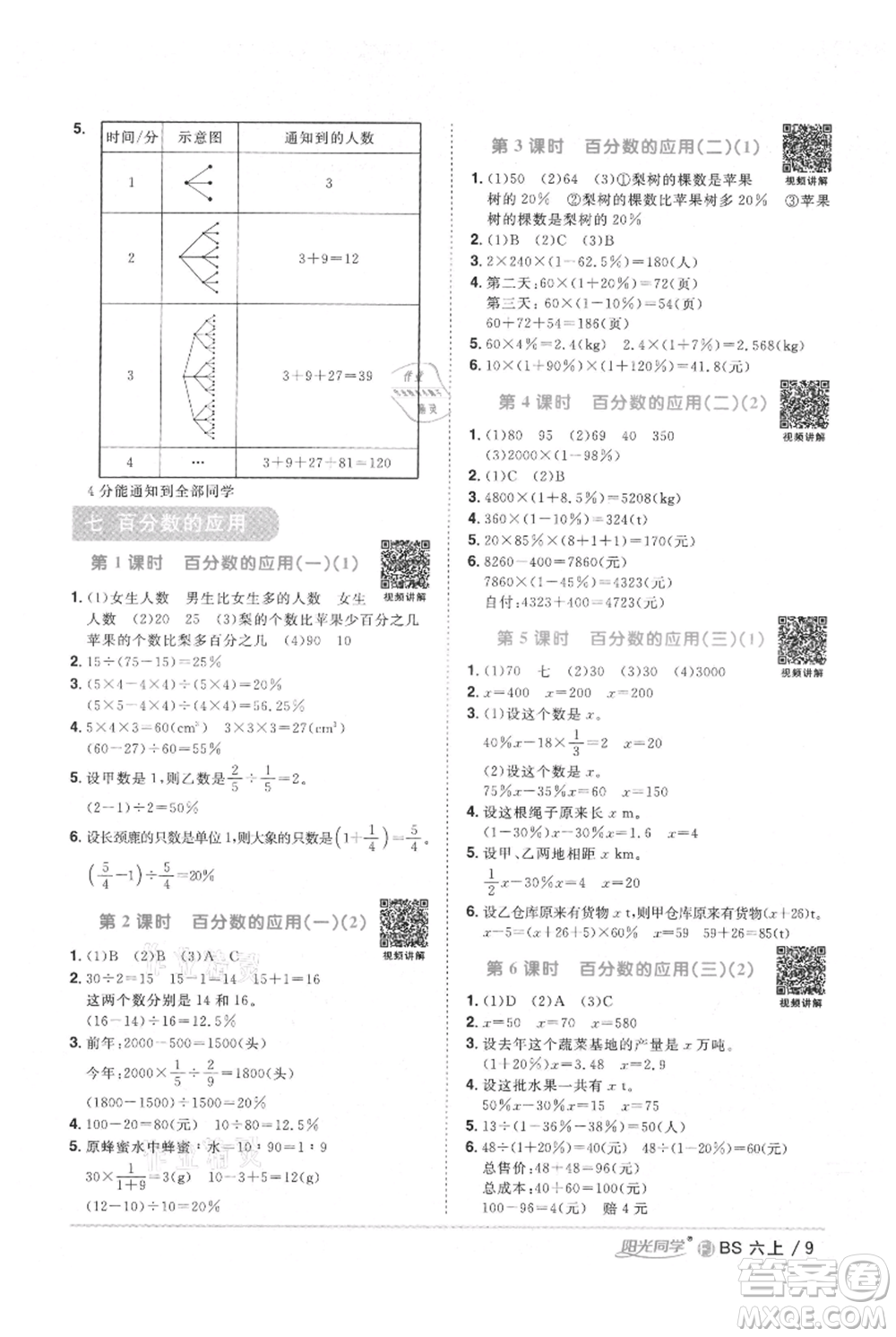 江西教育出版社2021陽光同學課時優(yōu)化作業(yè)六年級上冊數學北師大版福建專版參考答案