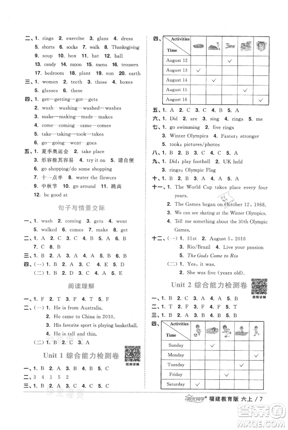 江西教育出版社2021陽光同學課時優(yōu)化作業(yè)六年級上冊英語福建教育版參考答案