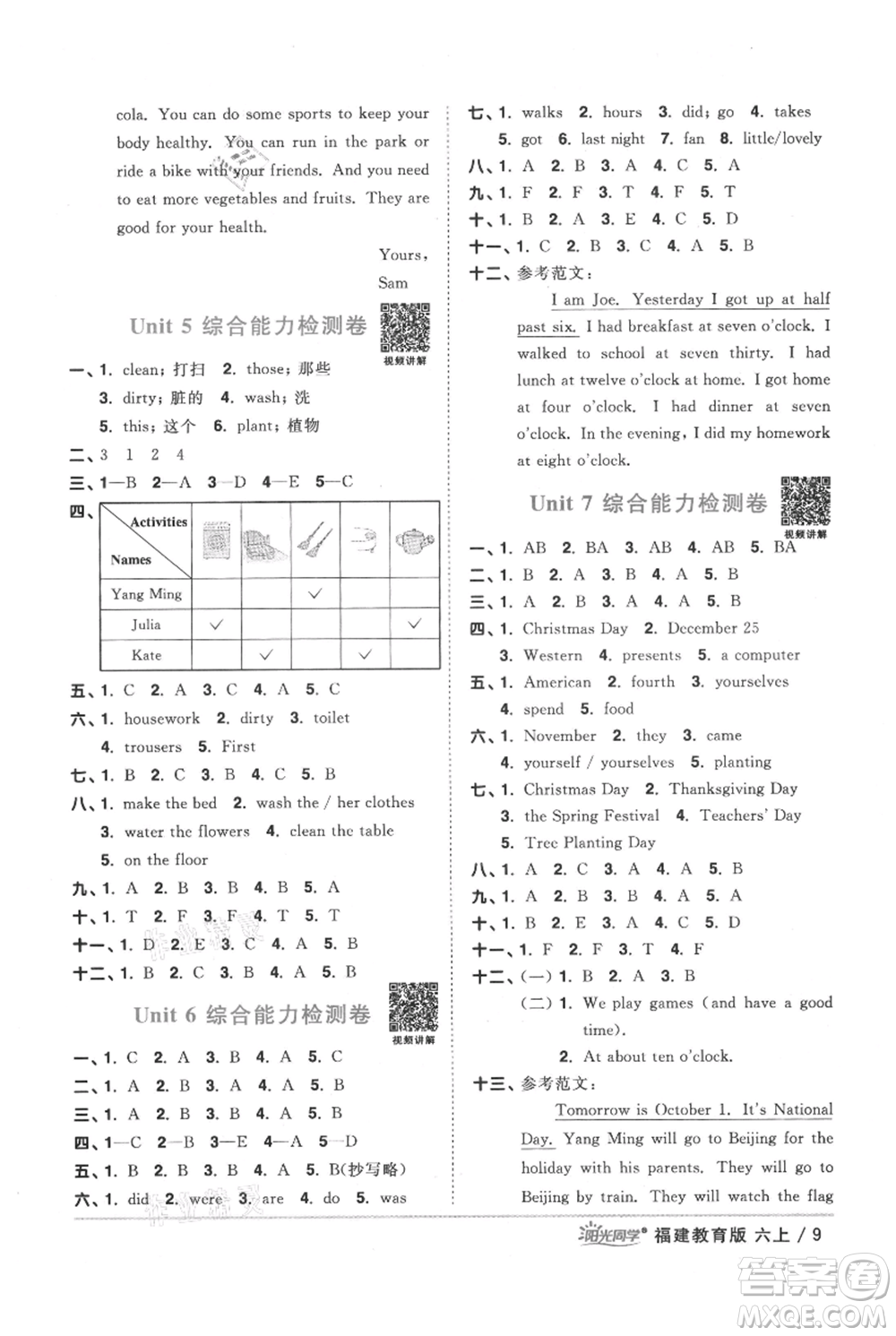 江西教育出版社2021陽光同學課時優(yōu)化作業(yè)六年級上冊英語福建教育版參考答案