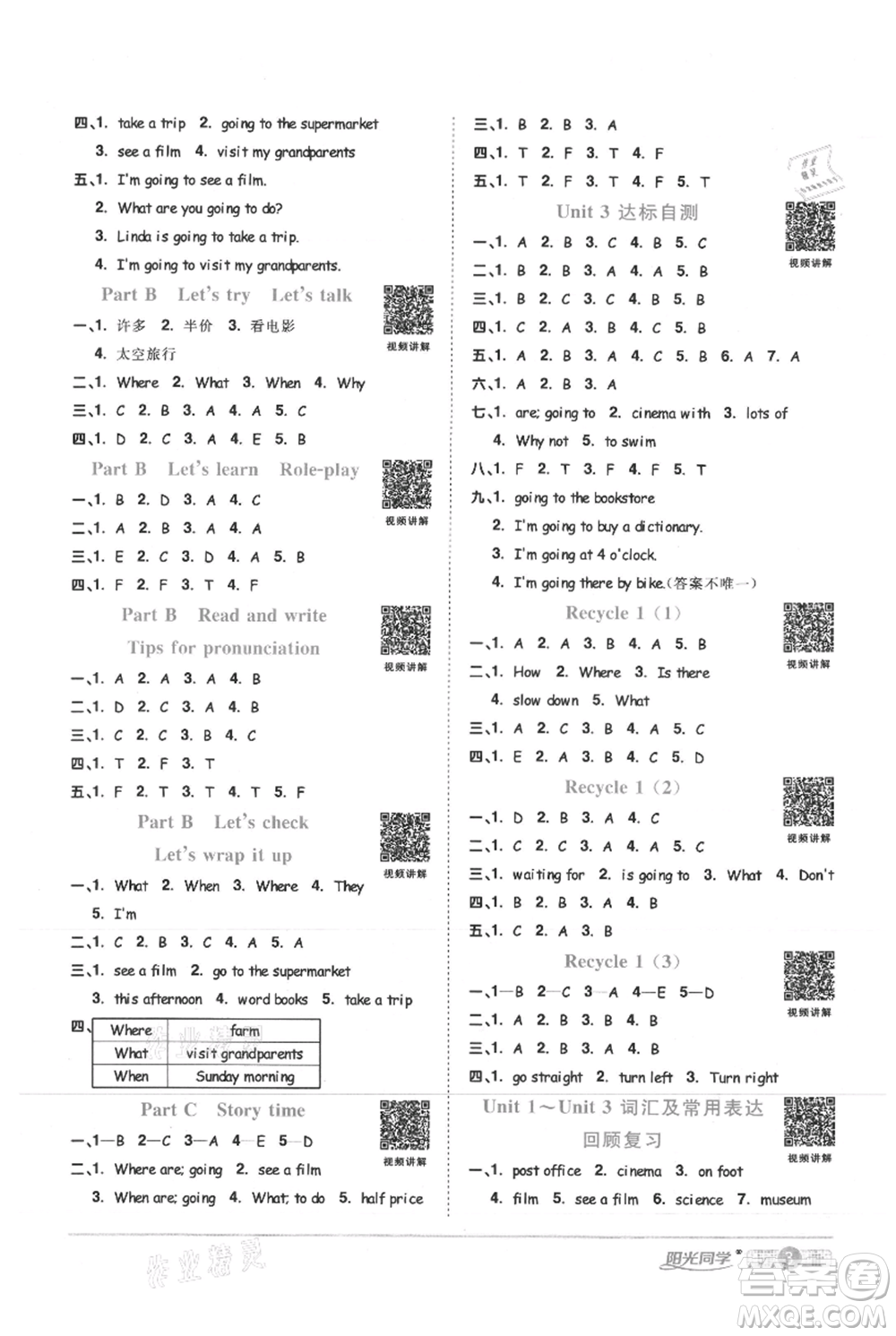 江西教育出版社2021陽光同學(xué)課時(shí)優(yōu)化作業(yè)六年級(jí)上冊(cè)英語人教版菏澤專版參考答案