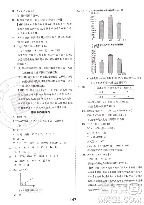 開明出版社2021全品學練考數(shù)學四年級上冊RJ人教版答案