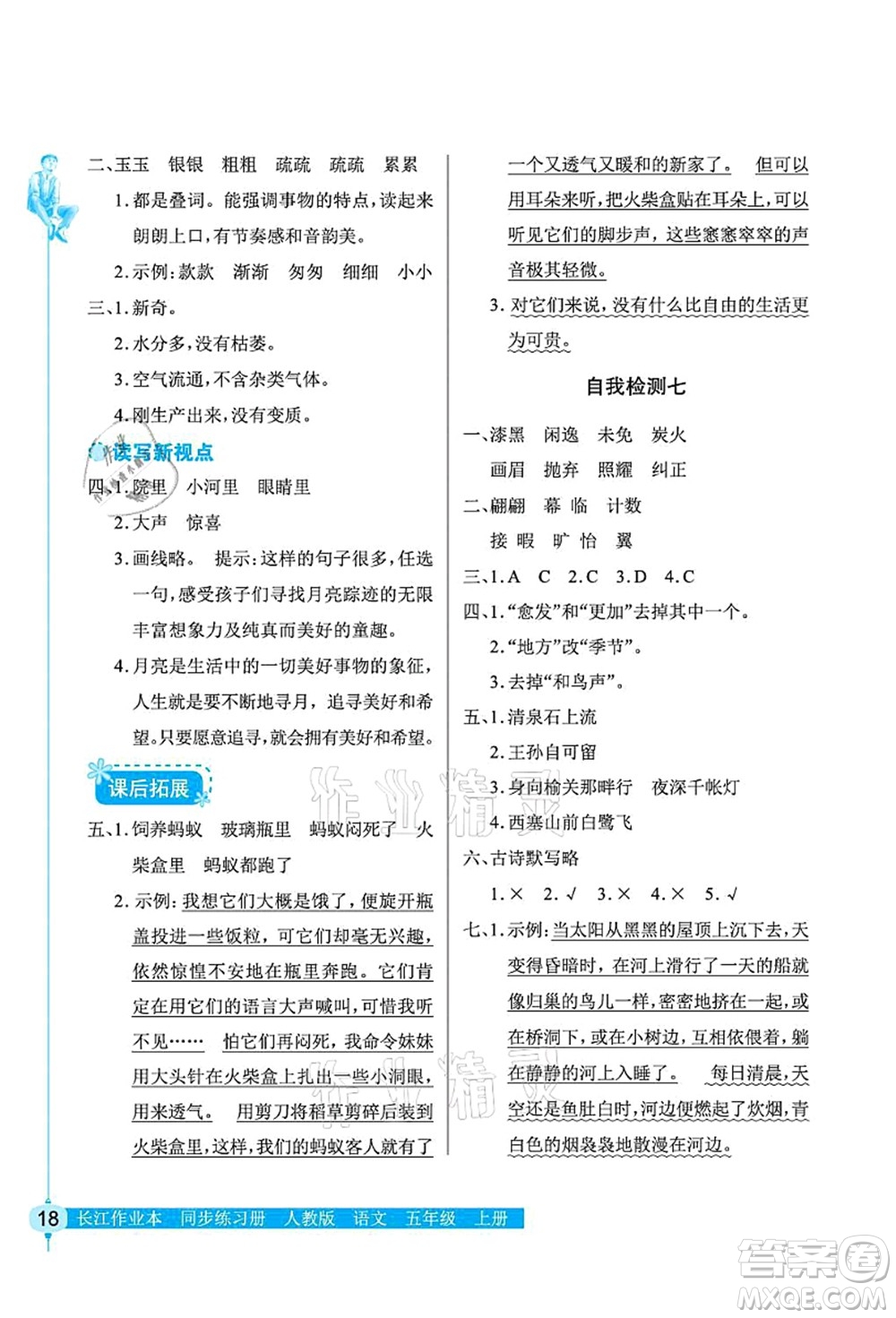 湖北教育出版社2021長江作業(yè)本同步練習冊五年級語文上冊人教版答案