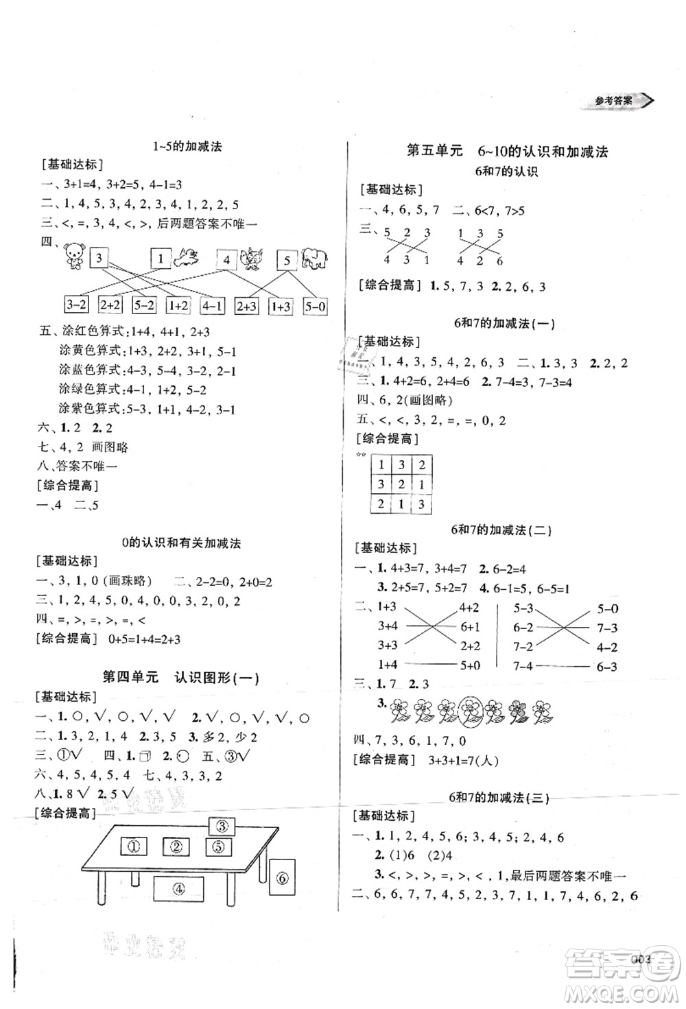 天津教育出版社2021學習質(zhì)量監(jiān)測一年級數(shù)學上冊人教版答案