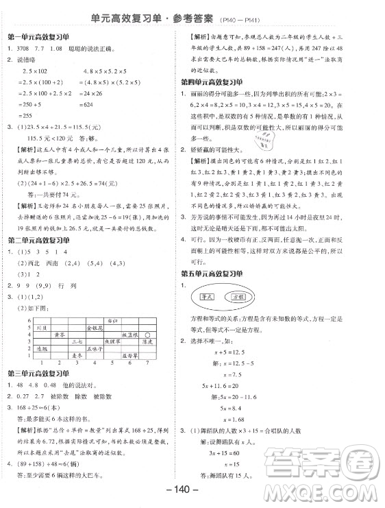 開明出版社2021全品學(xué)練考數(shù)學(xué)五年級上冊RJ人教版答案