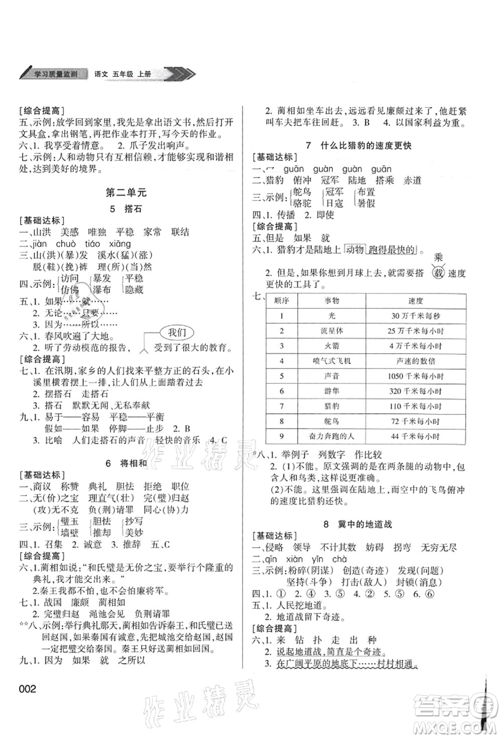 天津教育出版社2021學(xué)習(xí)質(zhì)量監(jiān)測(cè)五年級(jí)語文上冊(cè)人教版答案