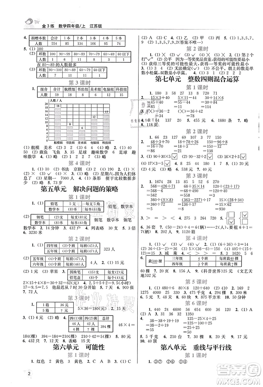 東南大學(xué)出版社2021金3練四年級數(shù)學(xué)上冊江蘇版答案