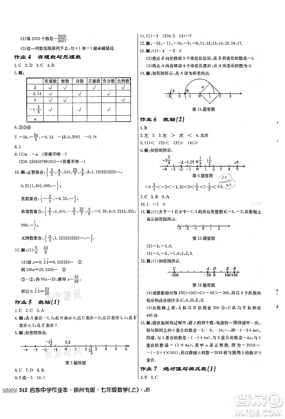 龍門書局2021啟東中學作業(yè)本七年級數學上冊JS江蘇版徐州專版答案