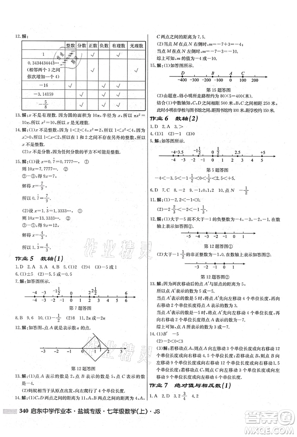 龍門書局2021啟東中學(xué)作業(yè)本七年級數(shù)學(xué)上冊JS江蘇版鹽城專版答案