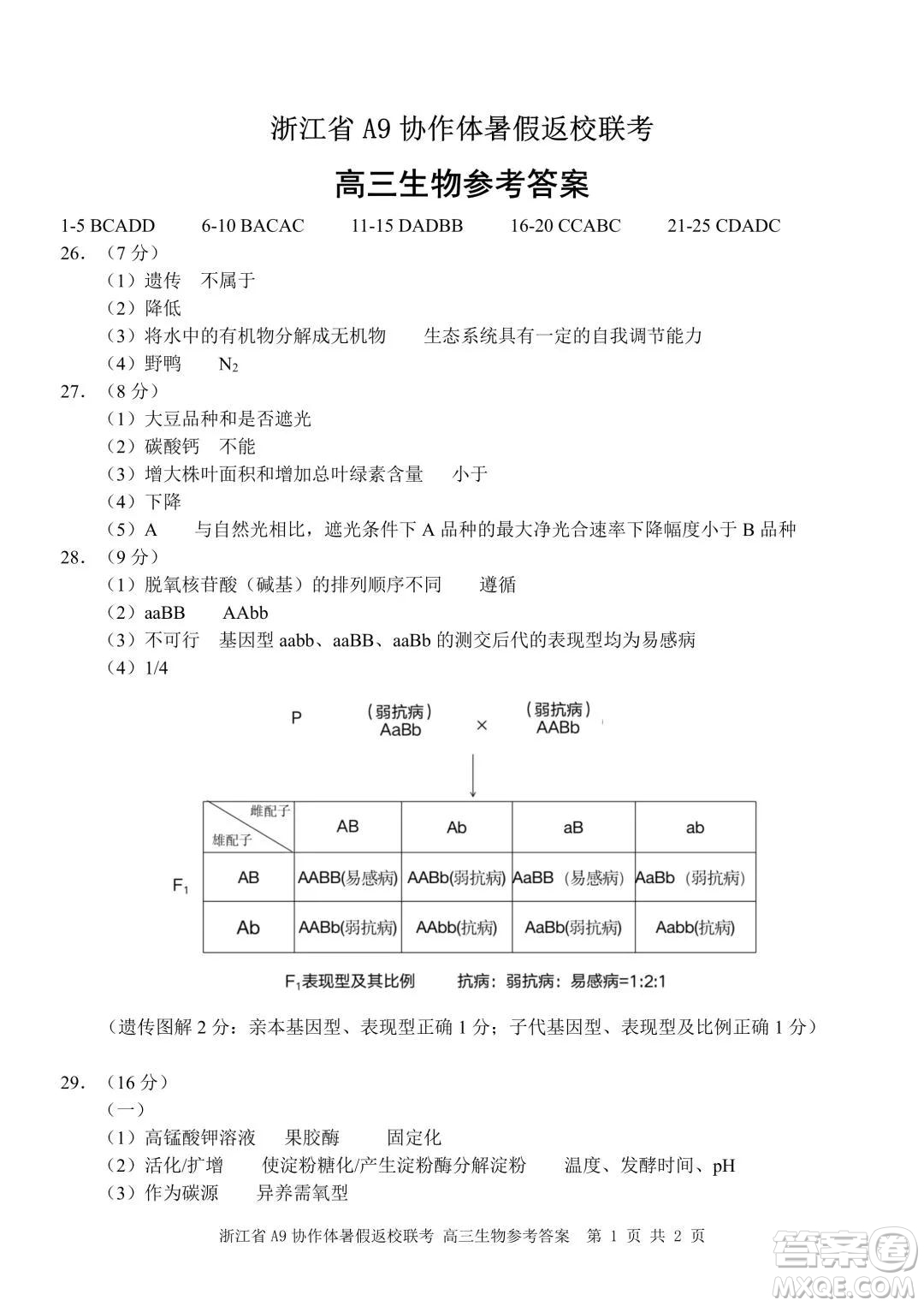 2022屆浙江省A9協(xié)作體暑假返校聯(lián)考高三生物試題卷及答案