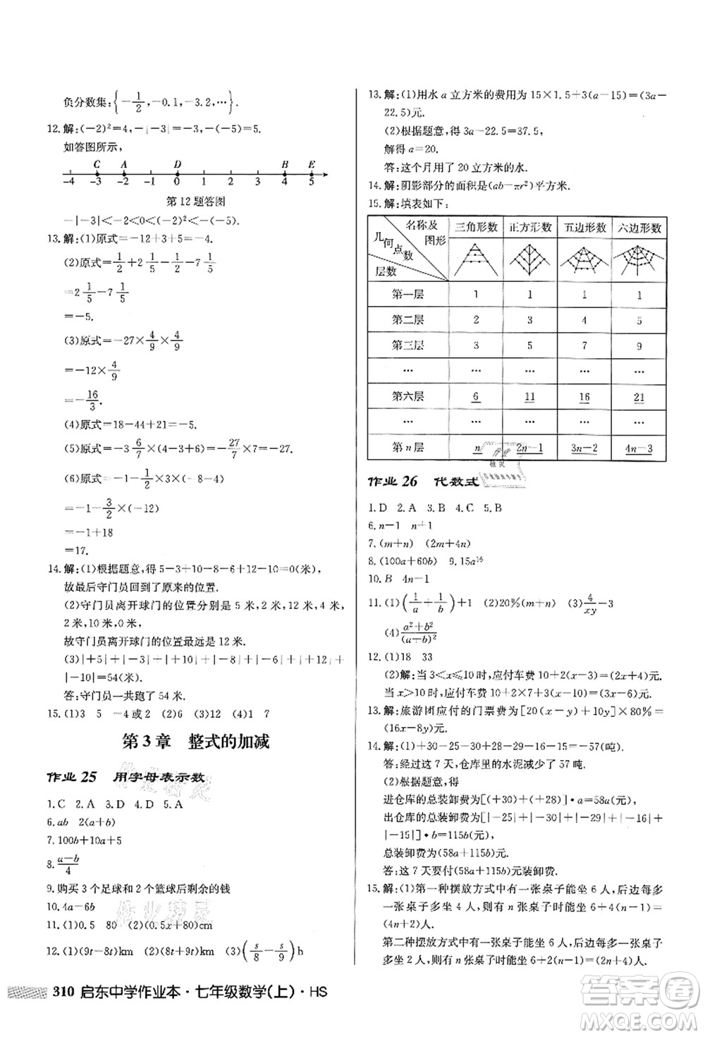 龍門書局2021啟東中學作業(yè)本七年級數(shù)學上冊HS華師版答案