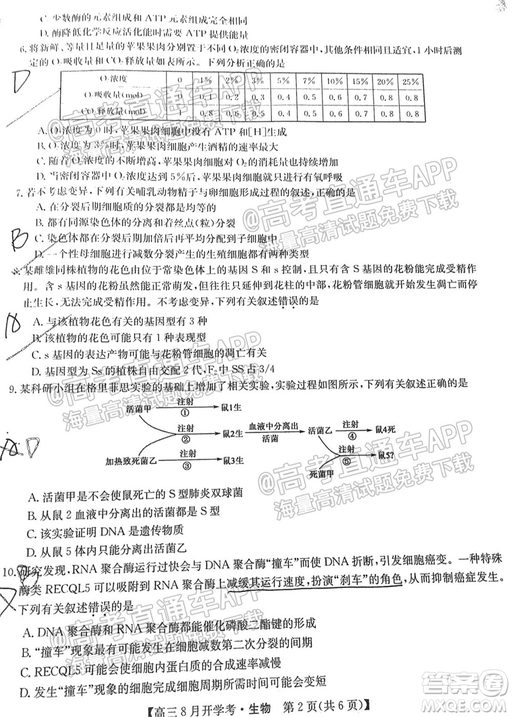 2022屆九師聯(lián)盟高三9月開學(xué)考生物試題及答案