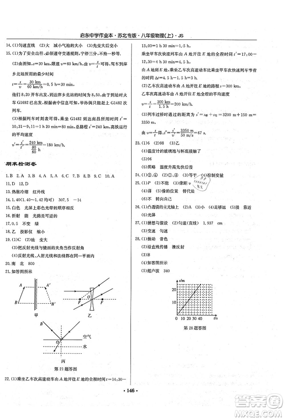 龍門書局2021啟東中學(xué)作業(yè)本八年級物理上冊JS江蘇版蘇北專版答案