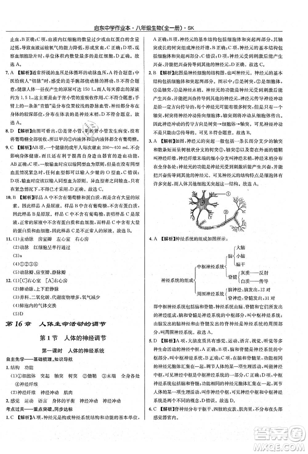 龍門書局2021啟東中學(xué)作業(yè)本八年級生物全一冊SK蘇科版答案