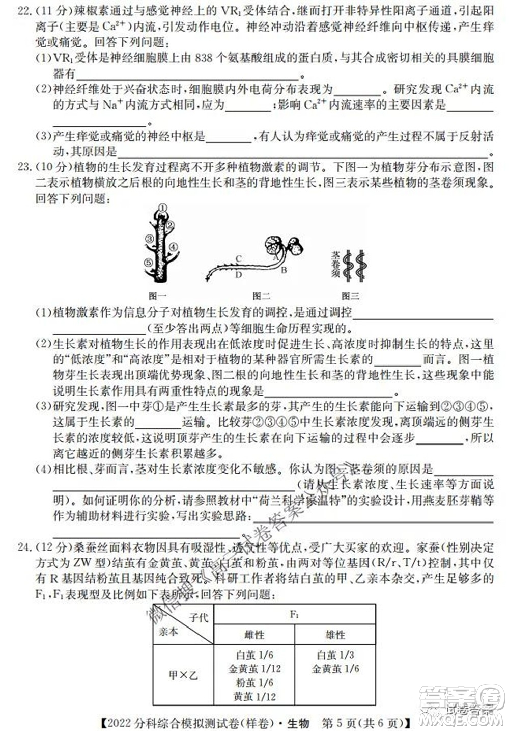 2022屆全國高考分科綜合模擬測試卷樣卷生物試題及答案