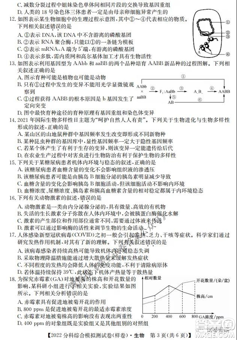 2022屆全國高考分科綜合模擬測試卷樣卷生物試題及答案