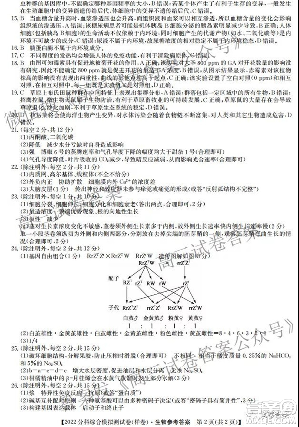 2022屆全國高考分科綜合模擬測試卷樣卷生物試題及答案