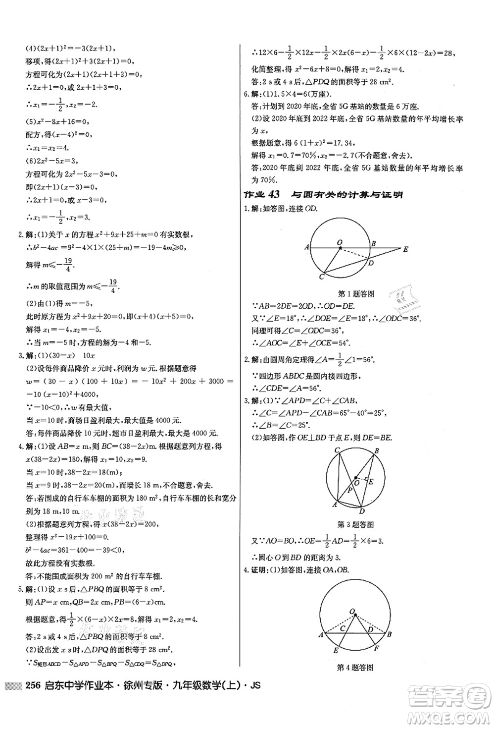 龍門書局2021啟東中學(xué)作業(yè)本九年級(jí)數(shù)學(xué)上冊(cè)JS江蘇版徐州專版答案