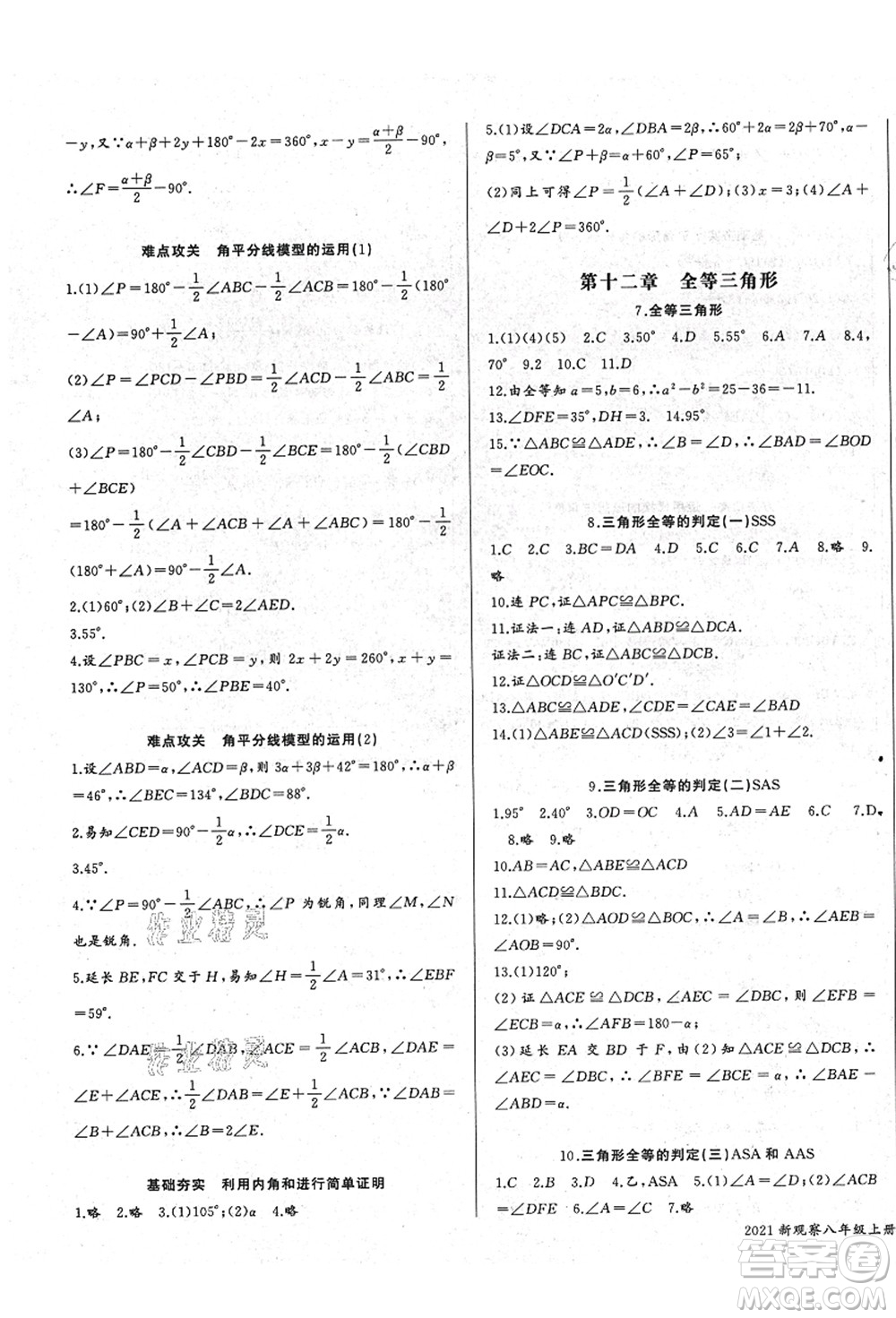 長江少年兒童出版社2021思維新觀察八年級數(shù)學(xué)上冊RJ人教版答案