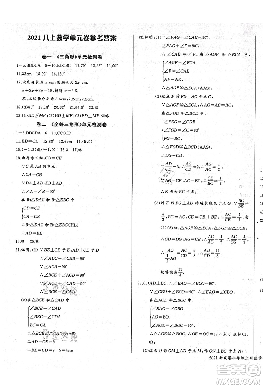 長江少年兒童出版社2021思維新觀察八年級數(shù)學(xué)上冊RJ人教版答案