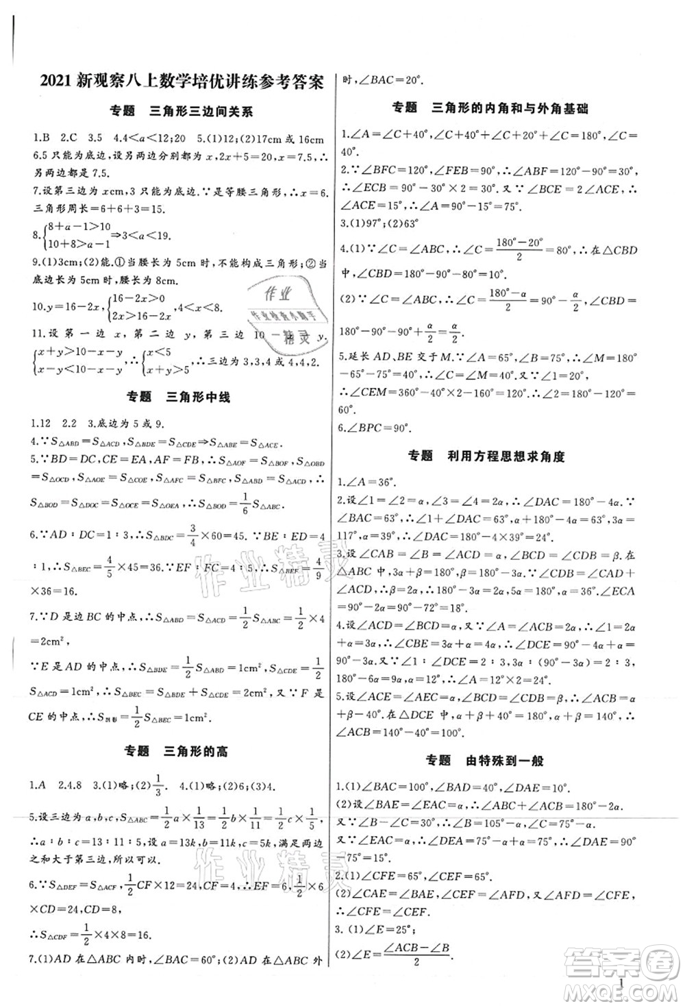 長(zhǎng)江少年兒童出版社2021思維新觀察培優(yōu)講練八年級(jí)數(shù)學(xué)上冊(cè)人教版答案