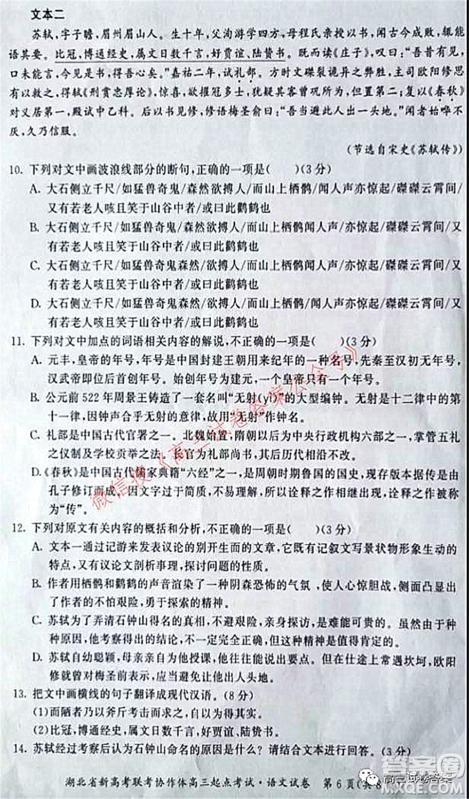 2021年湖北省新高考聯(lián)考協(xié)作體高三起點考試語文試卷及答案