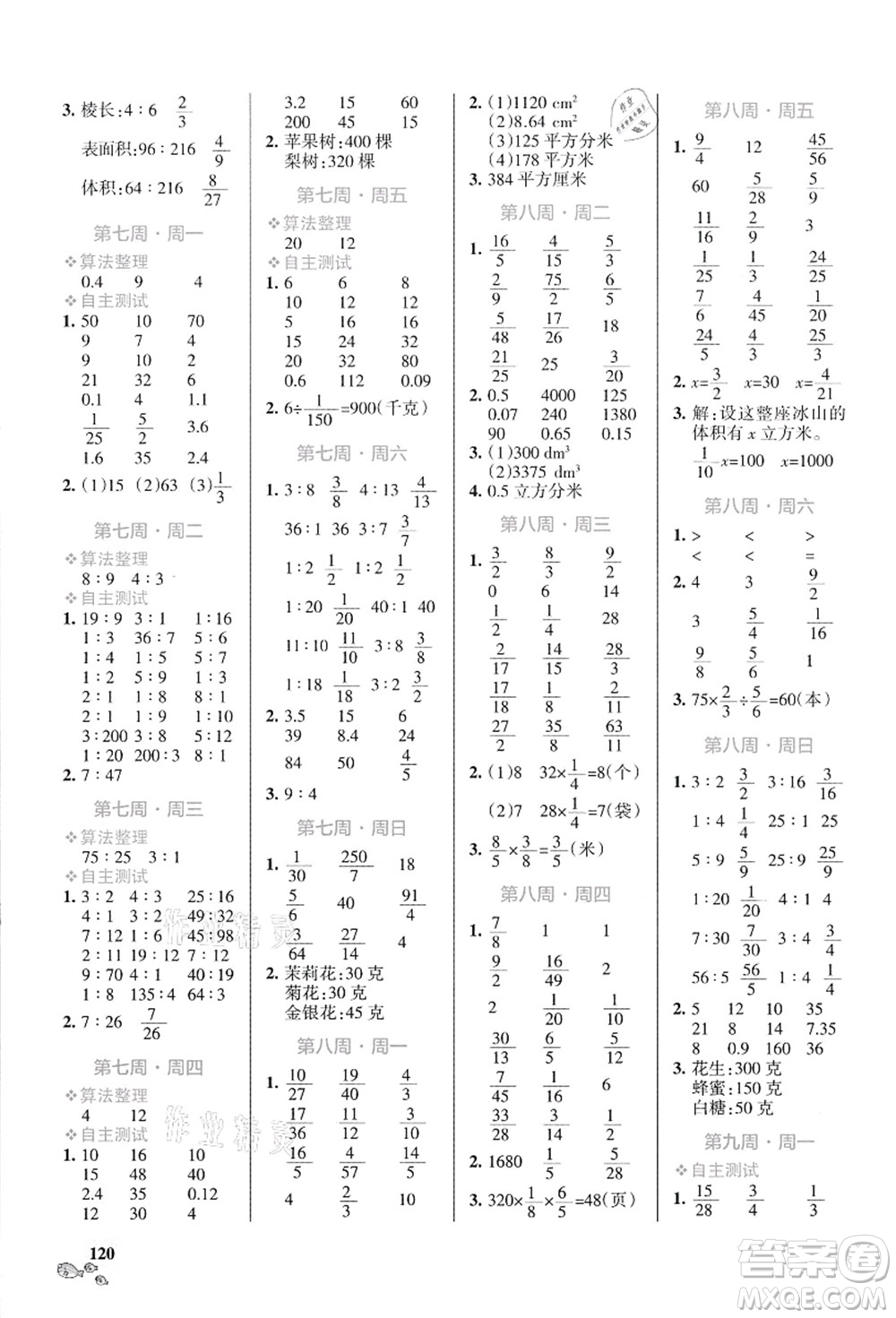 遼寧教育出版社2021小學學霸天天計算六年級數(shù)學上冊SJ蘇教版答案