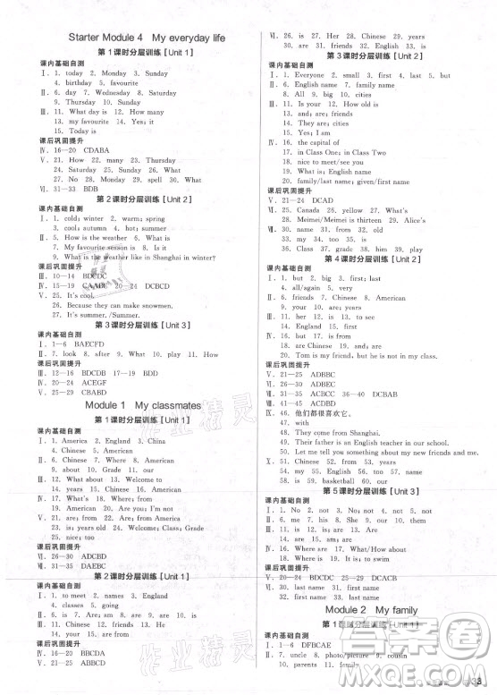 陽光出版社2021全品學(xué)練考英語七年級上冊WY外研版答案