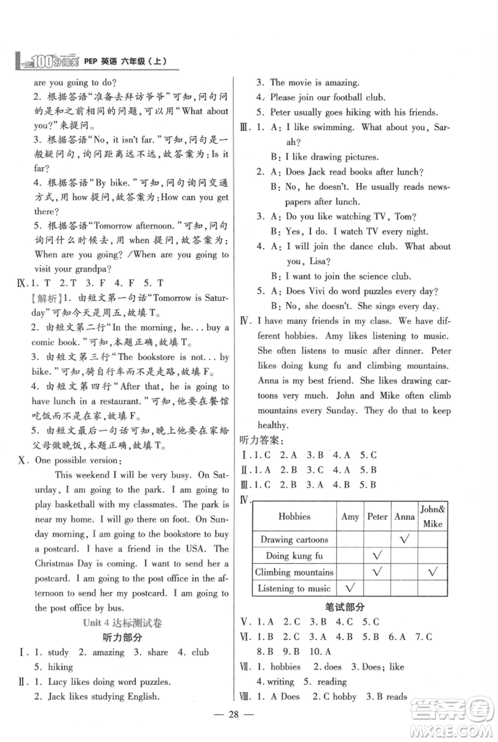 遠(yuǎn)方出版社2021年100分闖關(guān)同步練習(xí)冊(cè)六年級(jí)上冊(cè)英語人教版參考答案