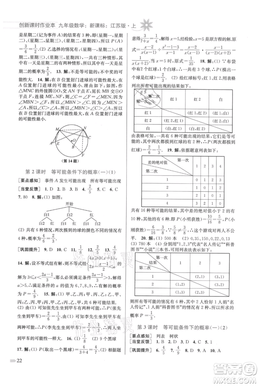 江蘇鳳凰美術(shù)出版社2021創(chuàng)新課時(shí)作業(yè)本九年級(jí)上冊(cè)數(shù)學(xué)江蘇版參考答案