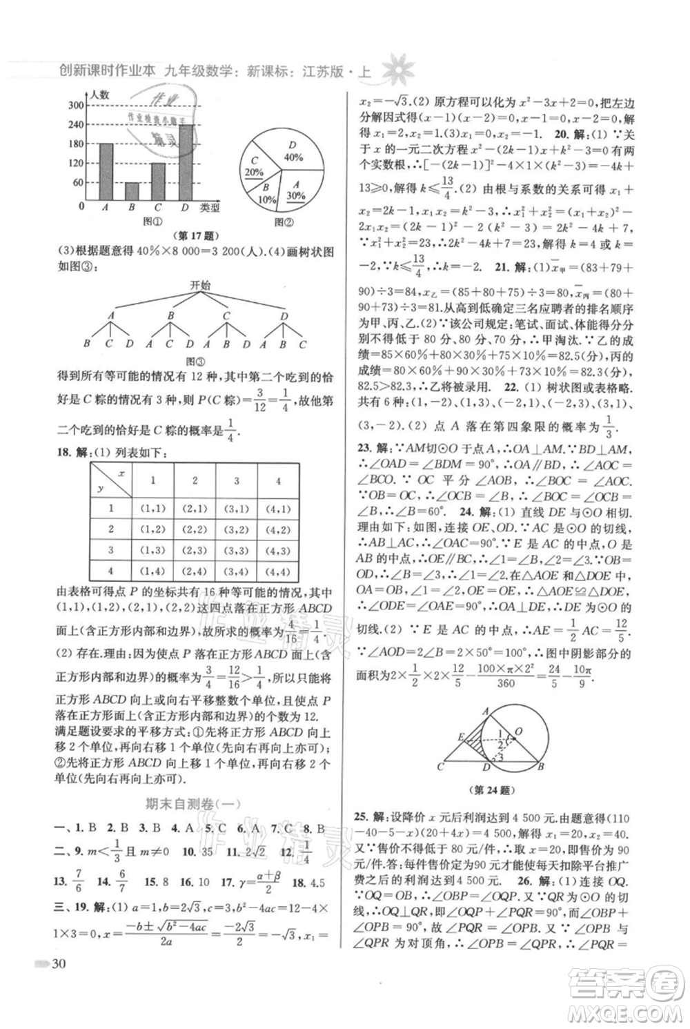 江蘇鳳凰美術(shù)出版社2021創(chuàng)新課時(shí)作業(yè)本九年級(jí)上冊(cè)數(shù)學(xué)江蘇版參考答案