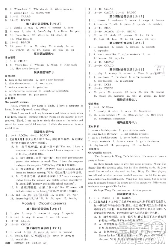 陽(yáng)光出版社2021全品學(xué)練考英語(yǔ)七年級(jí)上冊(cè)WY外研版浙江專(zhuān)版答案