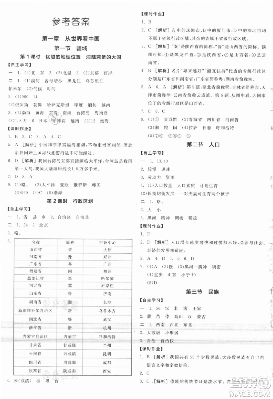 陽(yáng)光出版社2021全品學(xué)練考地理八年級(jí)上冊(cè)RJ人教版答案