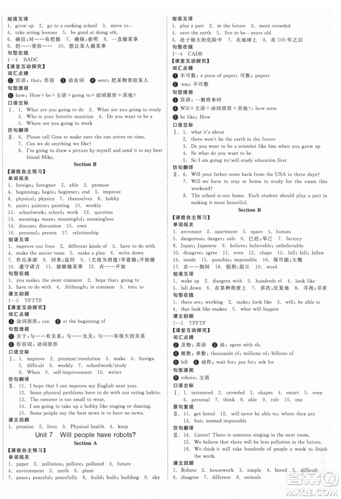 陽光出版社2021全品學(xué)練考英語八年級(jí)上冊(cè)RJ人教版江西專版答案