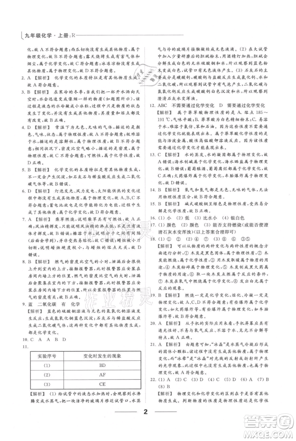 云南美術(shù)出版社2021秋季亮點(diǎn)給力提優(yōu)課時(shí)作業(yè)本九年級(jí)上冊(cè)化學(xué)人教版參考答案