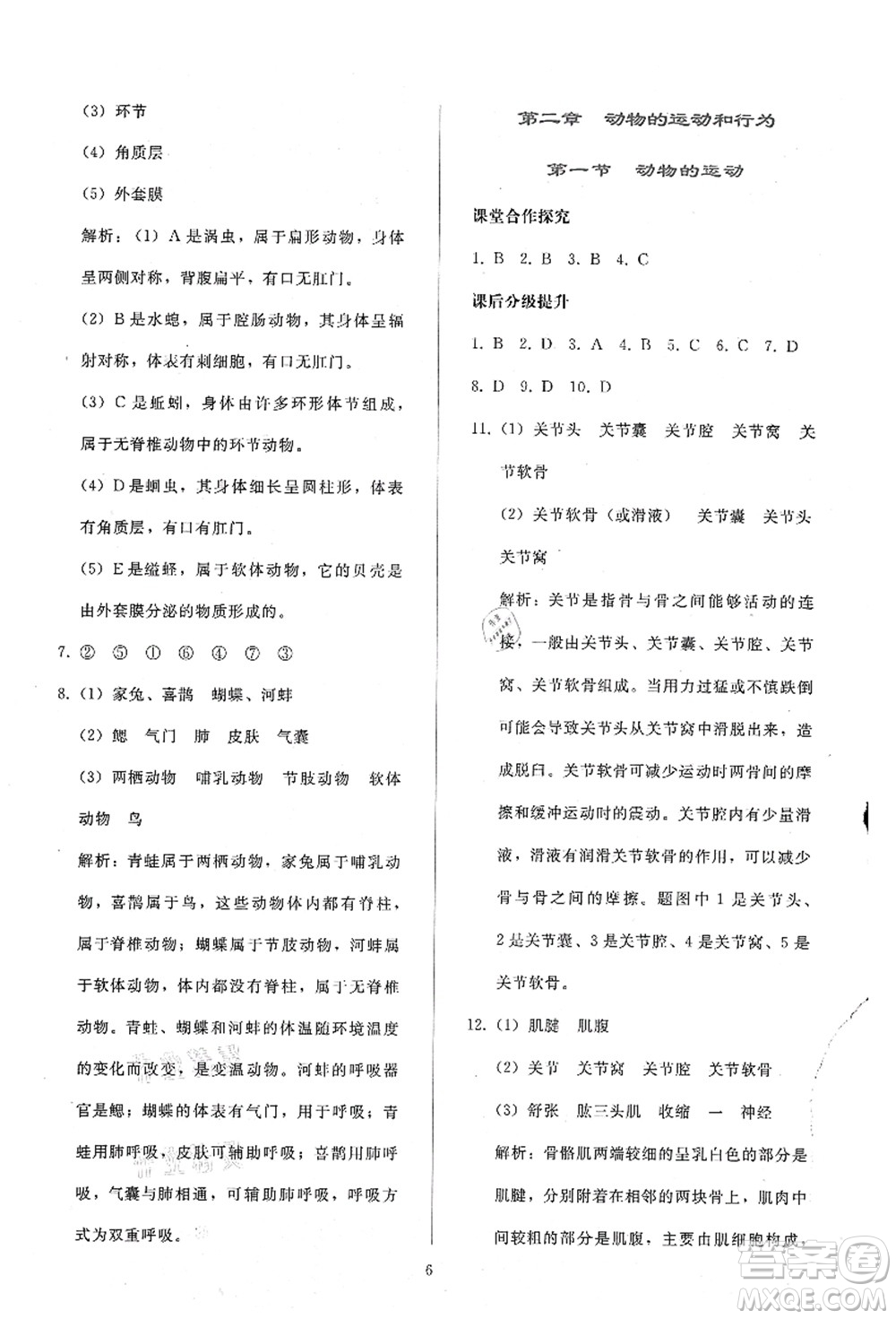 人民教育出版社2021同步輕松練習八年級生物上冊人教版答案