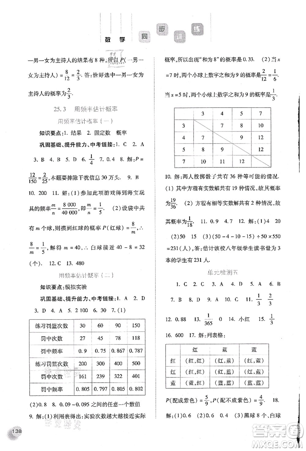 河北人民出版社2021同步訓(xùn)練九年級數(shù)學(xué)上冊人教版答案