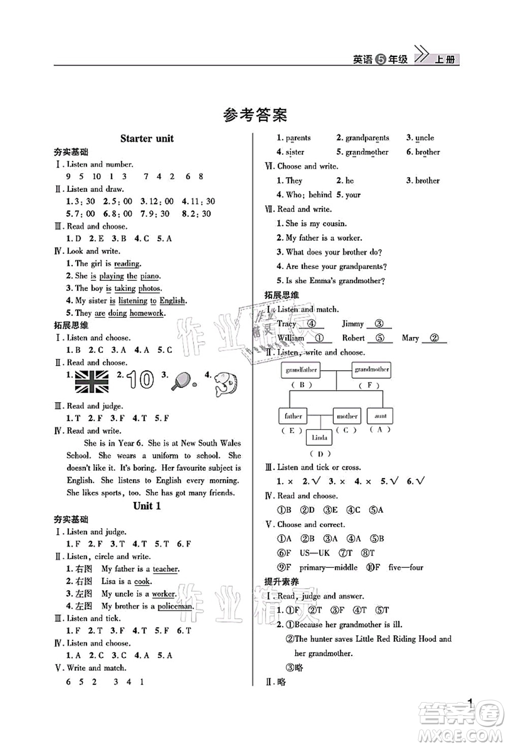 武漢出版社2021智慧學(xué)習(xí)天天向上課堂作業(yè)五年級(jí)英語(yǔ)上冊(cè)劍橋版答案