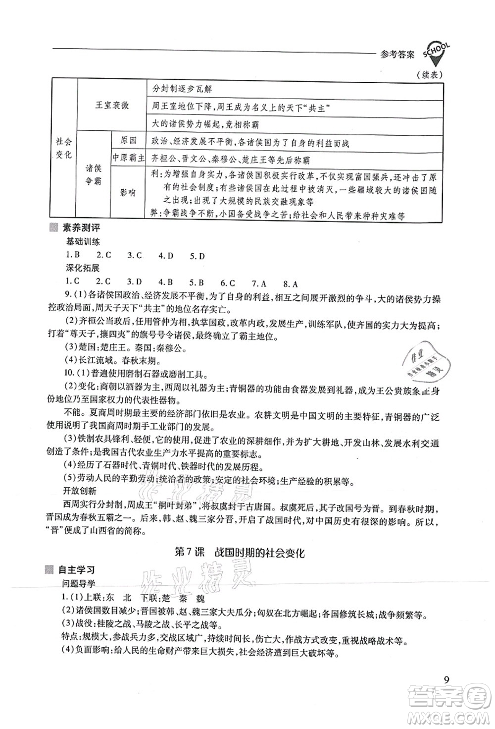 山西教育出版社2021新課程問題解決導(dǎo)學(xué)方案七年級歷史上冊人教版答案