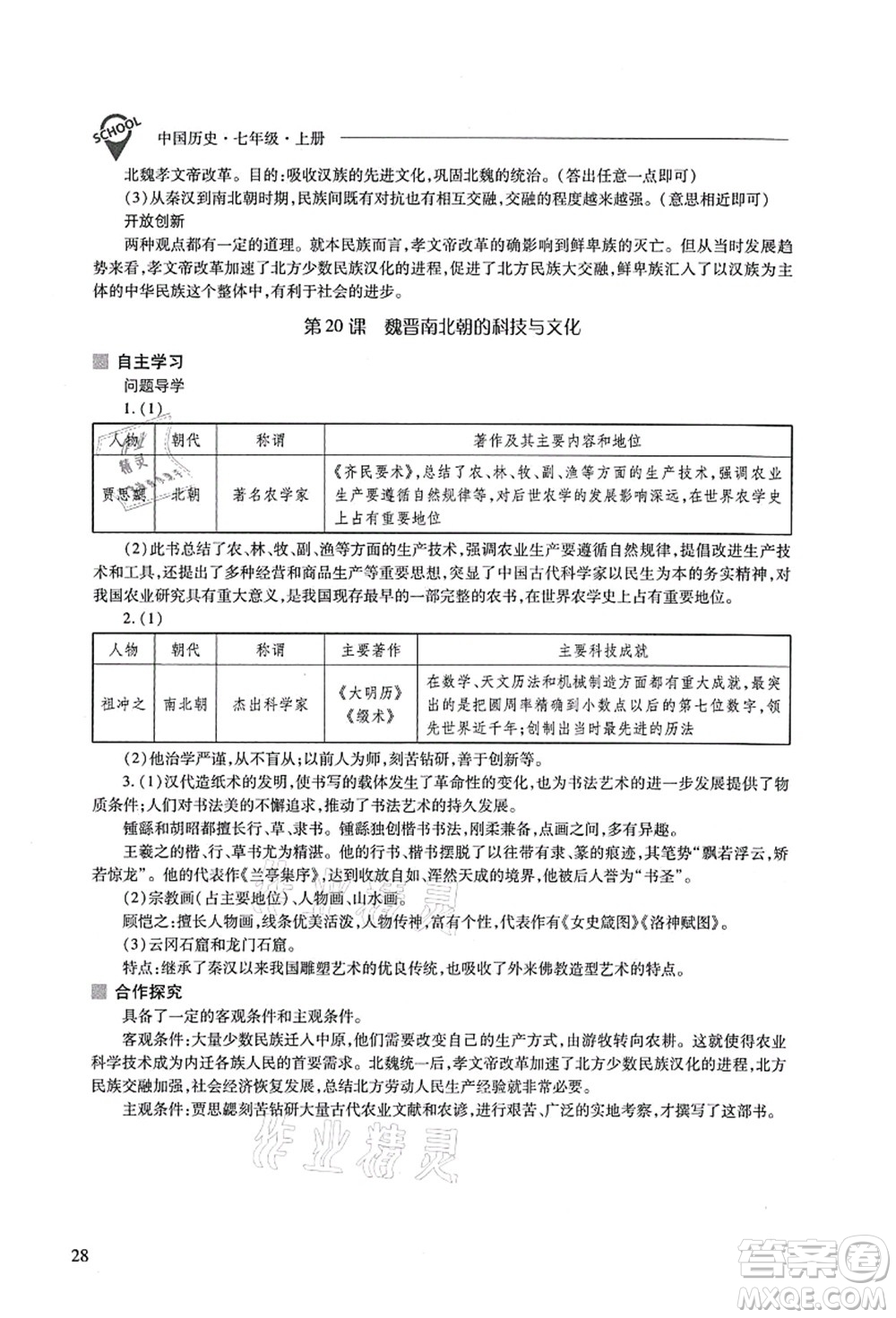 山西教育出版社2021新課程問題解決導(dǎo)學(xué)方案七年級歷史上冊人教版答案