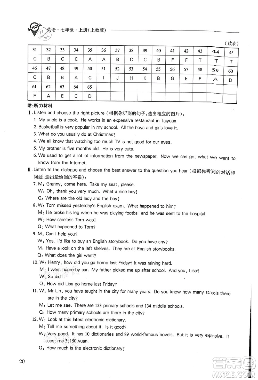 山西教育出版社2021新課程問題解決導(dǎo)學(xué)方案七年級英語上冊上教版答案