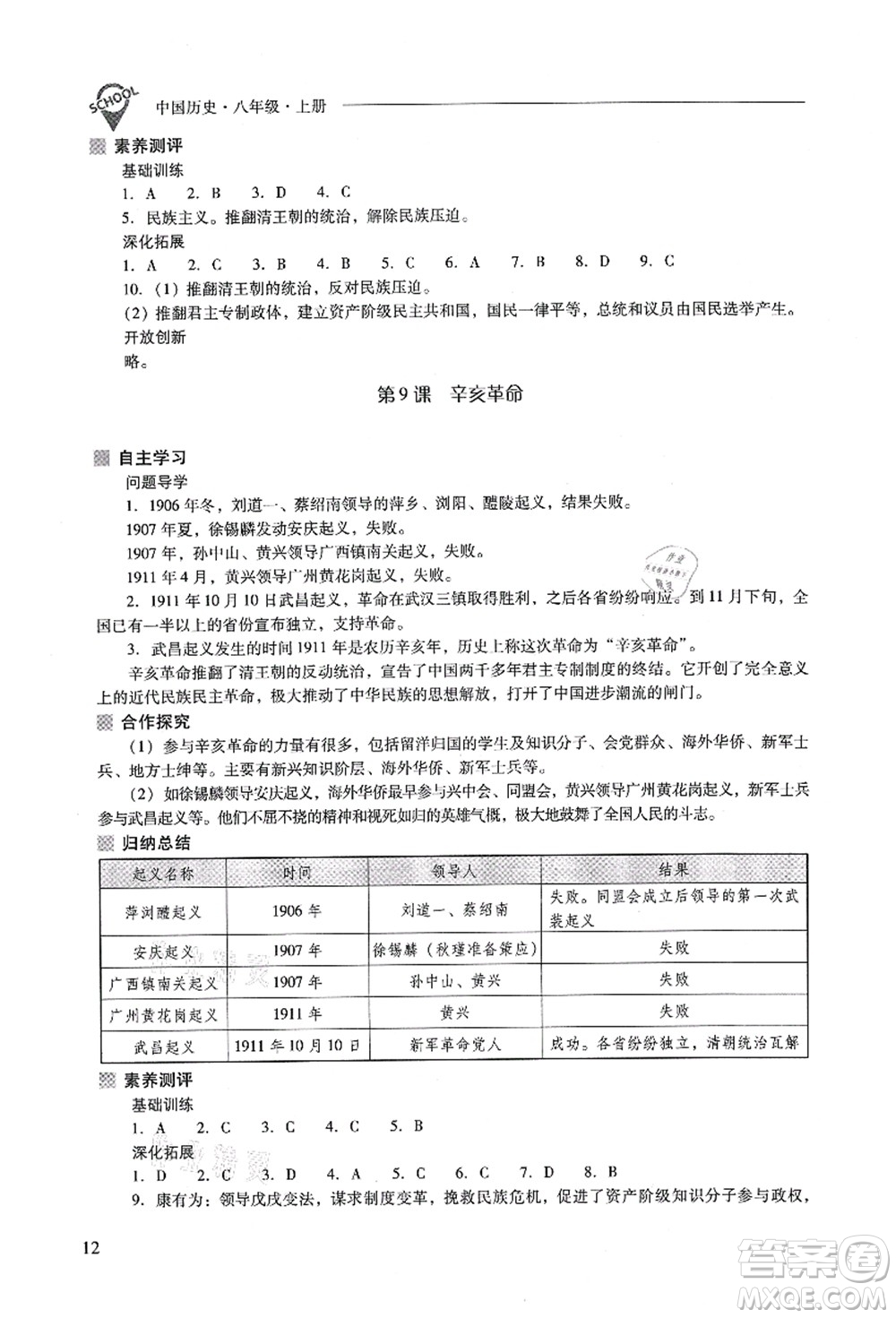 山西教育出版社2021新課程問題解決導(dǎo)學(xué)方案八年級歷史上冊人教版答案