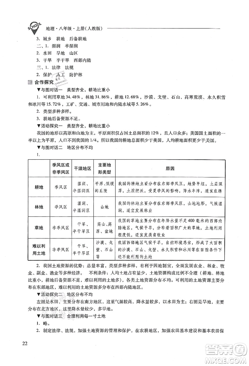 山西教育出版社2021新課程問題解決導(dǎo)學(xué)方案八年級地理上冊人教版答案